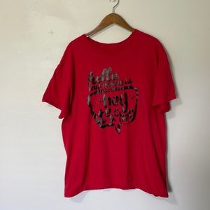 Red, short sleeve, cotton, “hello my name is ‘hey teacher’” tee shirt